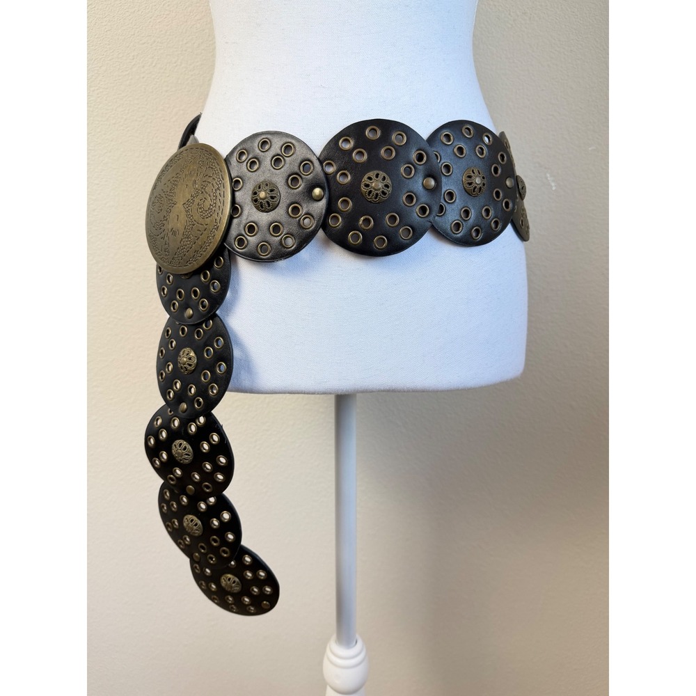 Boho Western Concho Belt Black Disc Grommet Antique Brass Statement 46" Rodeo